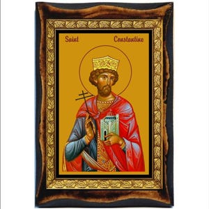 Saint Constantine Holy Card on Plaque - Handmade Wood Altar Art