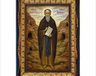San Benito - Estampa - Icono en placa de madera hecha a mano, arte religioso católico