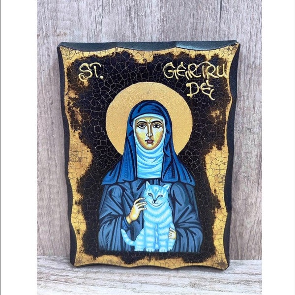 Gertrude of Nivelles - Gertrude Patron of Cats - Gertrude de Nivelles - Handmade Wood Icon on plaque with physical aging and Golden Leaf 24K