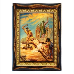 Jesus is nailed to the cross - Stations of the Cross Handmade Wood Plaque Orthodox,Catholic,Byzantine ,Home Decor Wall