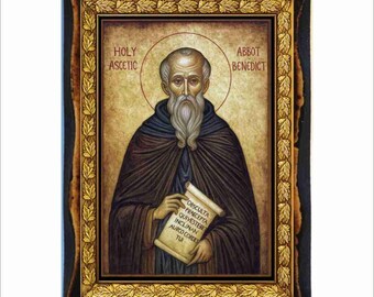 San Benito de Nursia - Estampa religiosa - Placa de madera hecha a mano