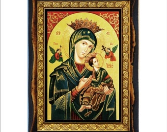 Our Lady of Perpetual Help - Holy Card - Icon on Handmade Wooden Plaque, Orthodox  Art