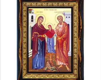 Saints Joachim and Anne - Holy Card - Icon on Handmade Wooden Plaque, Orthodox Religious Art
