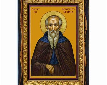 San Benito - Icono en placa de madera hecha a mano, Arte Religioso Católico