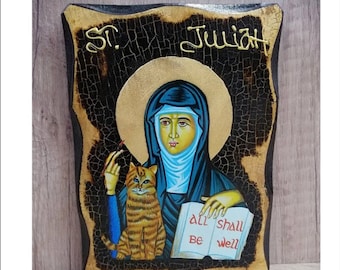 Handmade Saint Julian of Norwich Wood Icon with 24K Golden Leaf