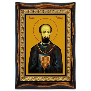 Saint Fursey-San Furseo-Fursy de Péronne-Fursa-Fursus-Furseus-Święty Furzeusz-Fursa-handgemaakt hout, heilige kaart op plaquette