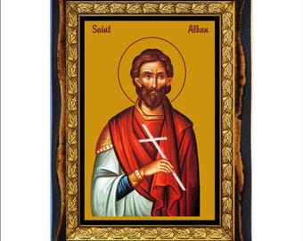 Saint Alban - Holy Card - Icon on Handmade Wooden Plaque, Catholic Religious Art