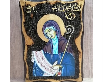 Handmade Saint Hildegard Wood Icon with 24K Golden Leaf