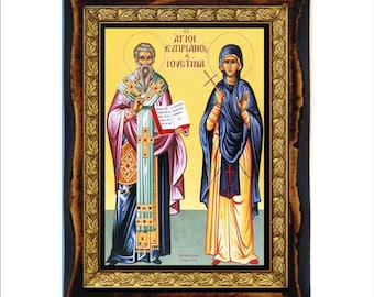 Saints Cyprian and Justina - Holy Card - Icon on Handmade Wooden Plaque, Orthodox Religious Art