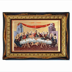 May include: A framed painting depicting the Last Supper, a biblical scene where Jesus shares a meal with his disciples. The painting features a detailed depiction of the figures, with vibrant colors and intricate details. The frame is ornate, with a gold leaf finish and a decorative border.