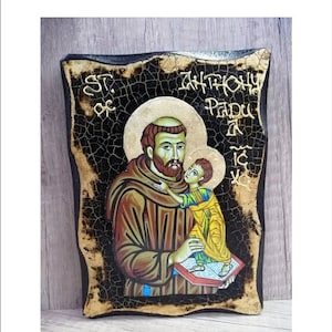 Anthony of Padua -Antoine de Padoue -Antonio di Padova-Antonio de Padua Handmade Wood Icon on plaque with physical aging and Golden Leaf 24K