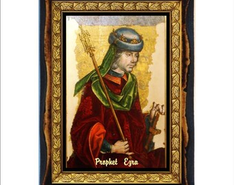 Ezra the Prophet - Holy Card - Icon on Handmade Wooden Plaque, Catholic Religious Art