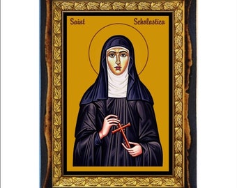 Heilige Scholastika - Heilige Karte - Ikone auf handgefertigter Holzplakette, katholische religiöse Kunst