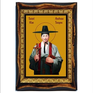 Saint Andrew Kim Taegon-San Andrés Kim-Andreo Kim Taegon-Andrzej Kim Tae-gŏn-Andrei Kim-Andrés Kim Taegon-Handgemaakt hout, heilige kaart op plaquette