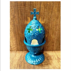 Blue Standing Oil Lamp - Table Oil Lamp - Oil Vigil Lamp Brass - Oil Candle with Glass Cup Home Decor - Oil Candle -Electric Lamp with flame