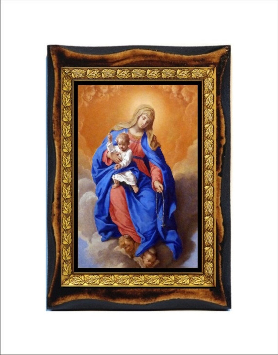 Our Lady of the Rosary - Holy Card - Icon on Handmade Wooden Plaque ...