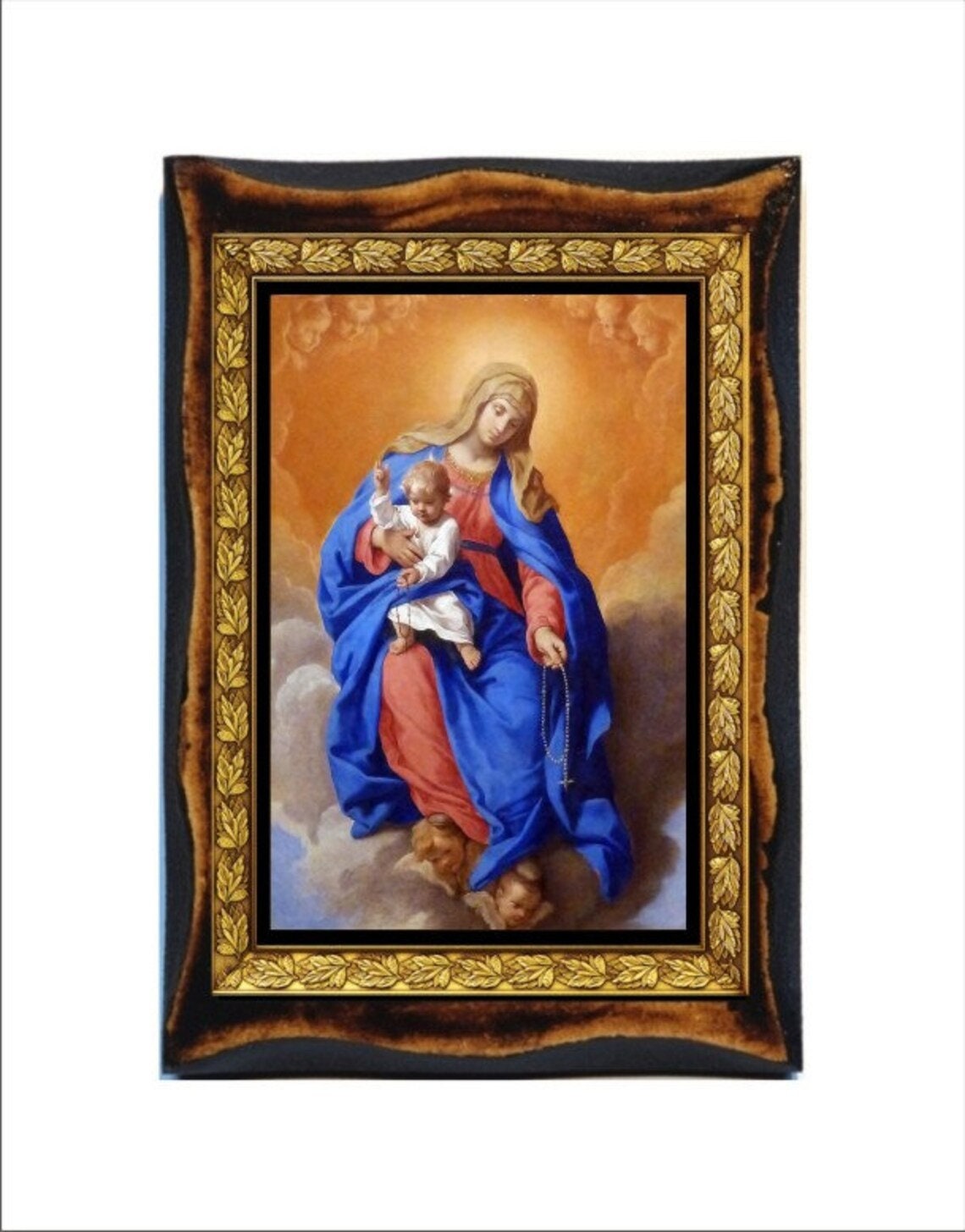 Our Lady of the Rosary - Holy Card - Icon on Handmade Wooden Plaque ...