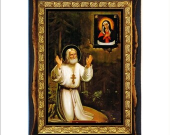 Saint Seraphim of Sarov - Holy Card - Icon on Handmade Wooden Plaque, Orthodox Religious Art