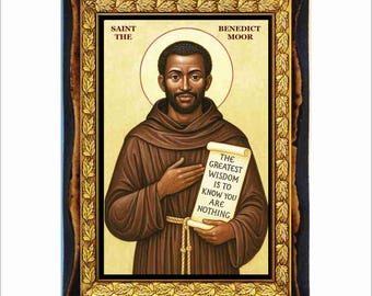 San Benito de Palermo - Estampa - Icono en placa de madera hecha a mano, Arte Religioso Católico