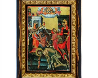May include: A framed icon depicting a scene from the Bible. The icon features a man in a red robe being beaten by two men in armor. The icon is set against a gold background with a decorative border.