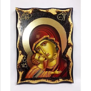 Vergine della Tenerezza - Mère de Dieu - Vergine Maria Glykophilousa - Madonna Eleusa Icona in legno fatta a mano con invecchiamento fisico e foglia d'oro 24K