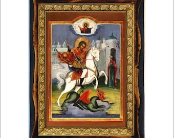 Saint George - Heilige kaart - pictogram op handgemaakte houten plaquette, katholieke religieuze kunst