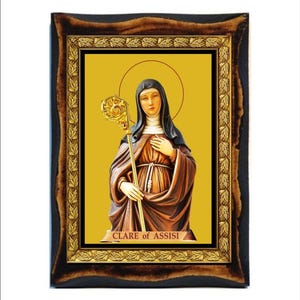 Santa Chiara of Assisi - Holy Card - Icon on Handmade Wooden Plaque, Catholic Religious Art