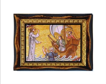 Jesus Walking on Water - Icon on Handmade wooden plaque, Orthodox Religious Art