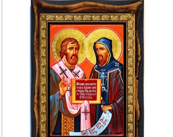 Saints Cyril and Methodius - Holy Card - Icon on Handmade Wooden Plaque, Orthodox Religious Art