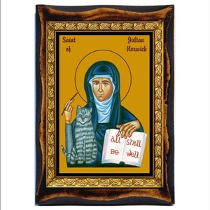 Julian of Norwich - Saint Julian - Juliana of Norwich - Sainte Julienne - Julienne de Norwich - Juliana Handgemaakt hout, Heilige kaart op plaquette