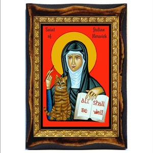 Julian of Norwich - Saint Julian - Juliana of Norwich - Sainte Julienne - Julienne de Norwich - Juliana Handgemaakt hout, Heilige kaart op plaquette