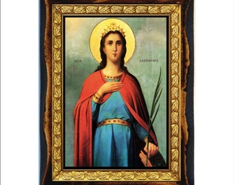 Saint Alexandra - Holy Card - Icon on Handmade Wooden Plaque, Orthodox Religious Art