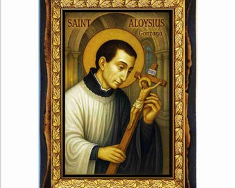Saint Aloysius de Gonzaga -  Icon on Handmade wooden plaque, Catholic Religious Art