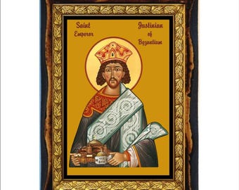 Justinian I - Holy Card - Icon on Handmade Wooden Plaque, Orthodox Religious Art
