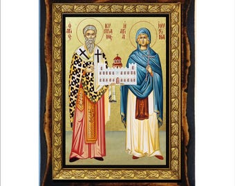 Saints Cyprian and Justina - Holy Card - Icon on Handmade Wooden Plaque, Orthodox Religious Art