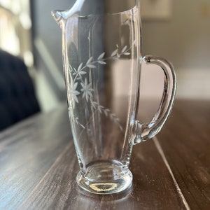 Flower and Vine Etched Glass Pitcher Vintage MCM