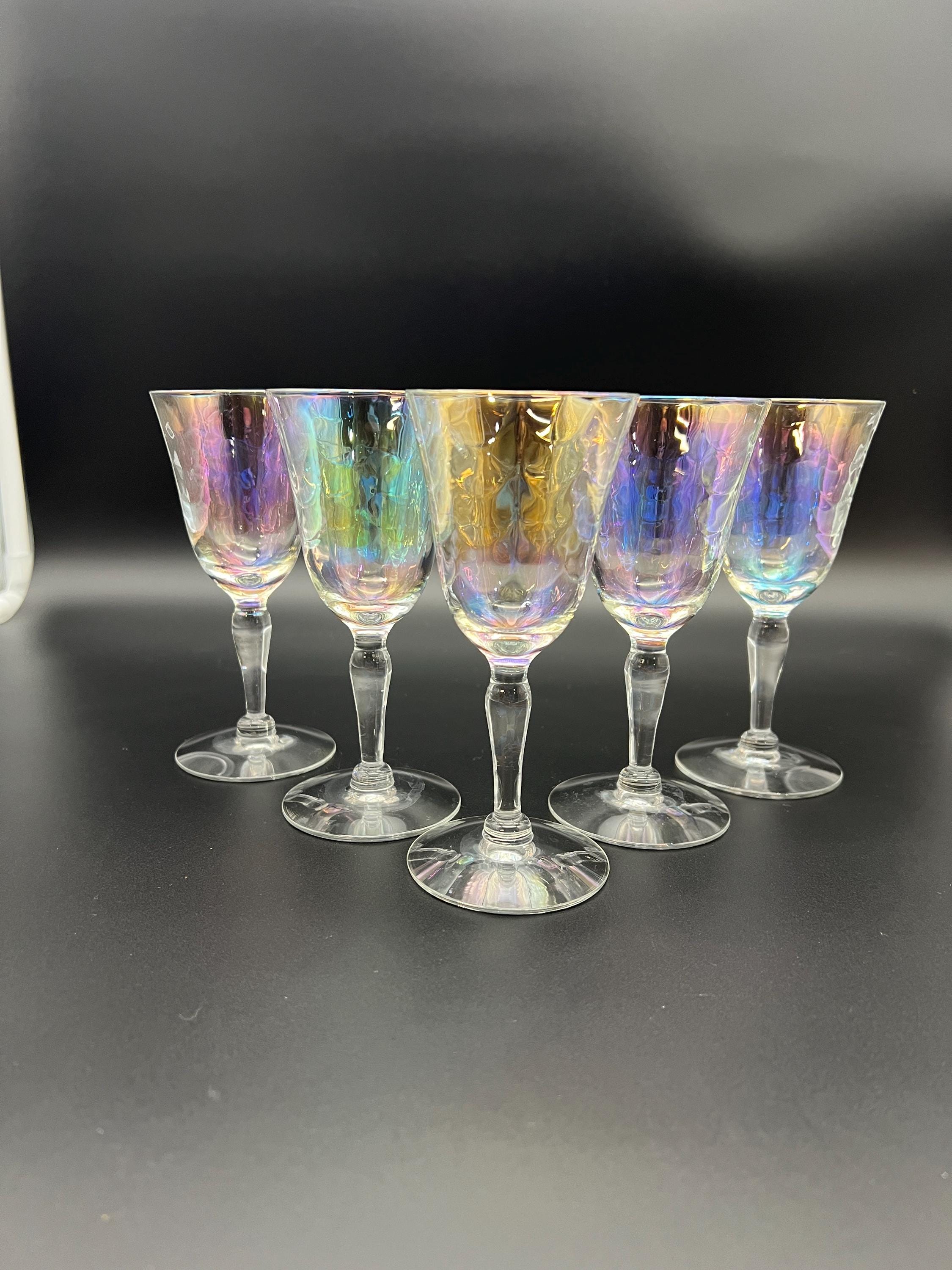 Iridescent Wine Glasses Vintage - Etsy Set of 5 iridescent vintage mid century wine goblets hand blown optic tops main image 0
