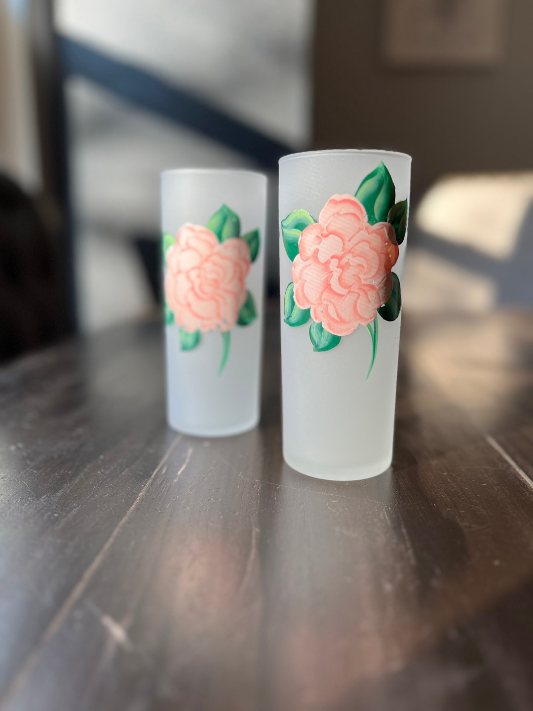 Two Vintage Frosted Glasses With Hand Painted Flowers, Pink, Green