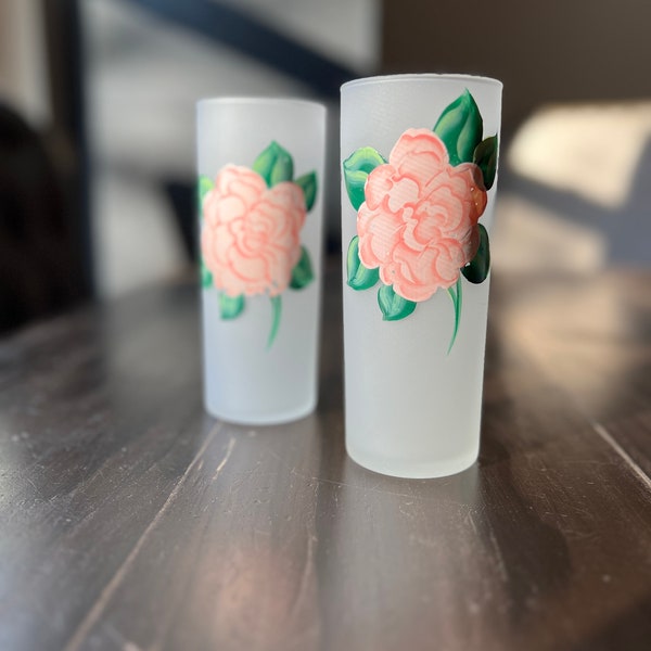 Two Vintage Frosted Glasses with Hand Painted Flowers, Pink, Green, White