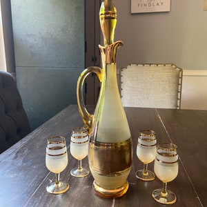 Bohemia Crystal Gold Decanter and Cordial Glasses with Smoke Glass and Frosted Glass MCM Midcentury Modern Barware