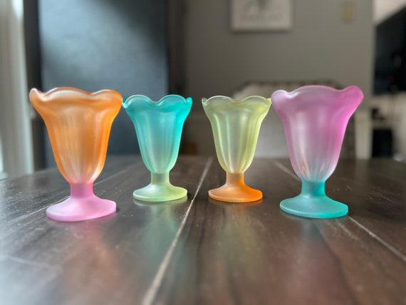 Set of Four Frosted Libbey Parfait Glasses Pink Orange Green