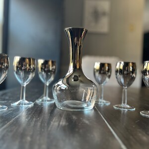 Queens Lusterware Silver Fade Wine Glasses and Decanter 1960s MCM Vintage Seven Piece Set