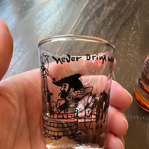 Never Drink Water Cowboy Shot Glasses Set of Two Vintage Midcentury Modern Barware Novelty Joke