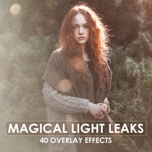 May include: A woman with long, red hair stands in a forest with a soft, light glow behind her. She is wearing a brown, knitted sweater and has a serious expression on her face. The text "Magical Light Leaks" and "40 Overlay Effects" is at the bottom of the image.