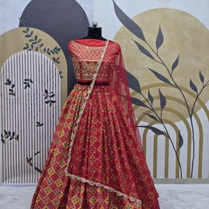 Designer Party Wear Red Chinnon Silk Lehenga Choli With Embroidery Sequence Work Dupatta For Women, Wedding Lehenga, Reception Wear Lehenga