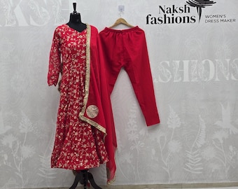 Red Georgette Gown: Indian Embroidered Party Dress with Dupatta