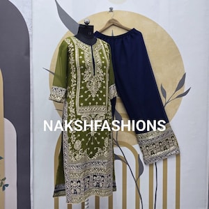 Grüner Georgette Kurta Palazzo Anzug: Indische Stickerei Hochzeitsoutfit