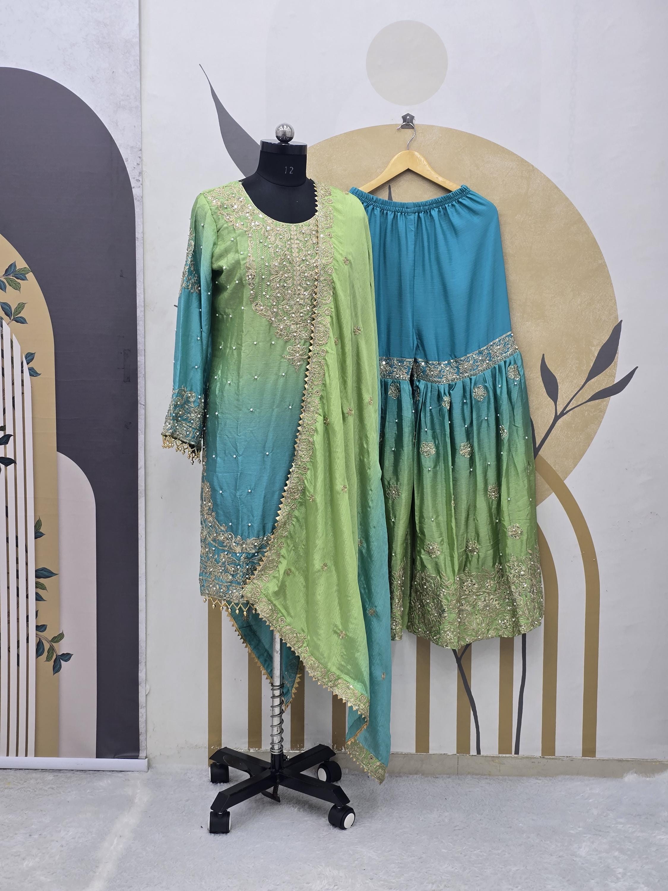 slim fit dress slacks Parrot Green Color Beautiful Thread Work Gown – RangmatiFashion
