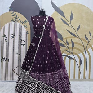 Indian Wear Wine Georgette Lehenga Choli With Embroidery Sequence Work And Net Dupatta For Women, Reception Lehenga, Wedding Lehenga