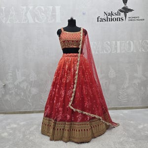 Orange Silk Lehenga Choli: Embroidered Mirrorwork Indian Wedding Outfit